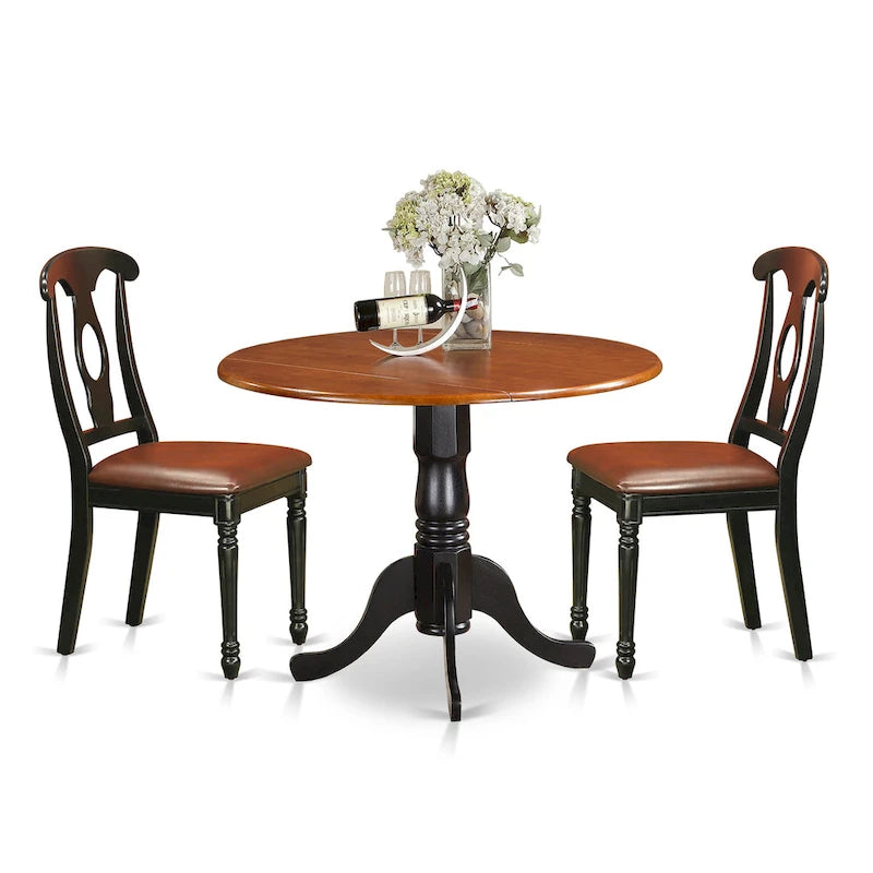East West Furniture Dining Table Set- a Round Kitchen Table and Faux Leather Dinette Chairs, Black & Cherry (Pieces Option)
