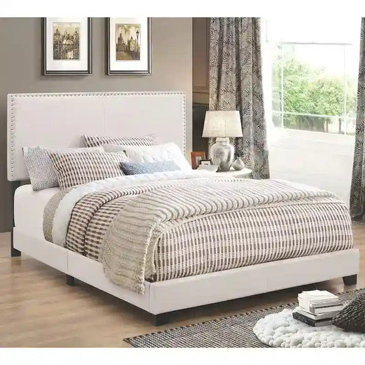 Modern Design Ivory Upholstered Bed with Nailhead Trim