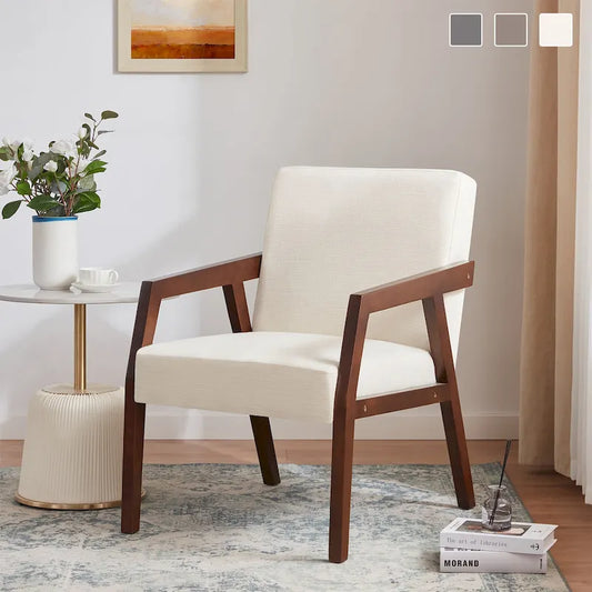 HUIMO Accent Armchair Solid Wooden Brownness/ White/ Blue Upholstered Mid-Century Modern Accent Chair for Living Room, Bedroom