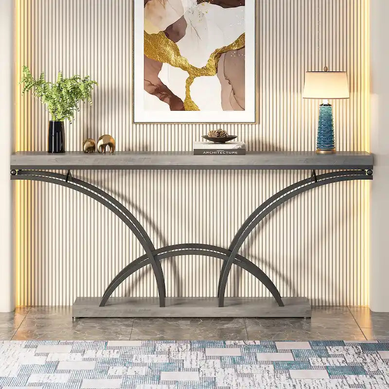 70.9 Faux Marble Console Sofa Table with Half-Moon Shaped Metal Legs for Entryway, Accent Tables for Living Room