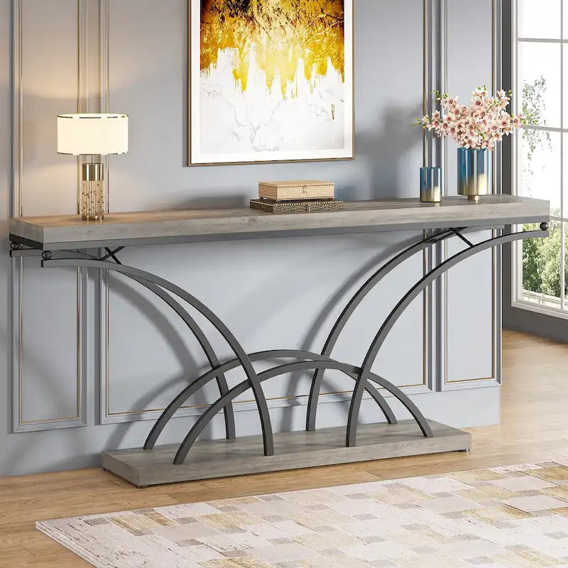 70.9 Faux Marble Console Sofa Table with Half-Moon Shaped Metal Legs for Entryway, Accent Tables for Living Room