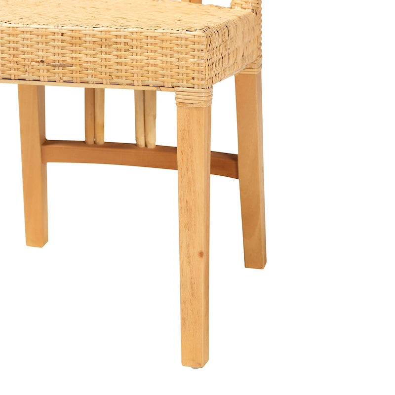 Monaco Modern Bohemian Oak Brown Finished Mahogany Wood and Natural Rattan Dining Chair