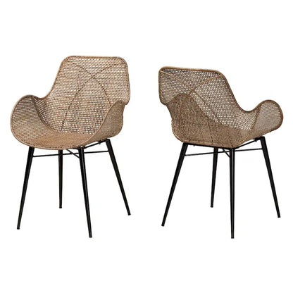 Ballerina Modern Bohemian Greywashed Rattan and Black Metal 2-Piece Dining Chair Set