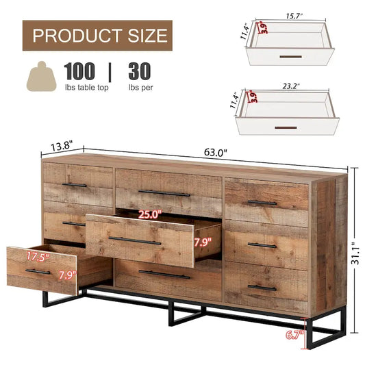 9 Drawers Chest Of Dresser Storage Cabinet Retro Organizer