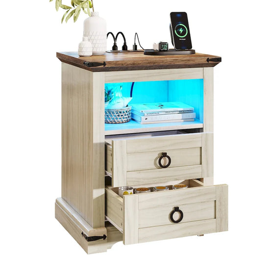 Moasis 2-Drawer LED Nightstand with Charging Station, End Side Table with Open Storage Shelf