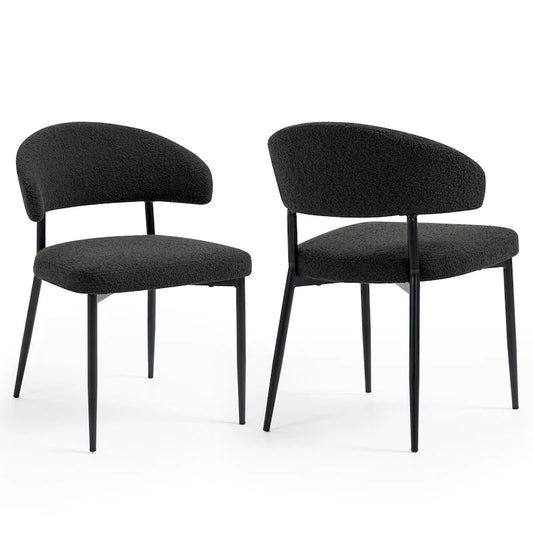 Set of 2 Ayoka Black Boucle Dining Chairs with Black Iron Legs
