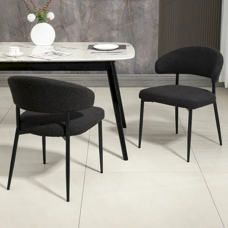 Set of 2 Ayoka Black Boucle Dining Chairs with Black Iron Legs