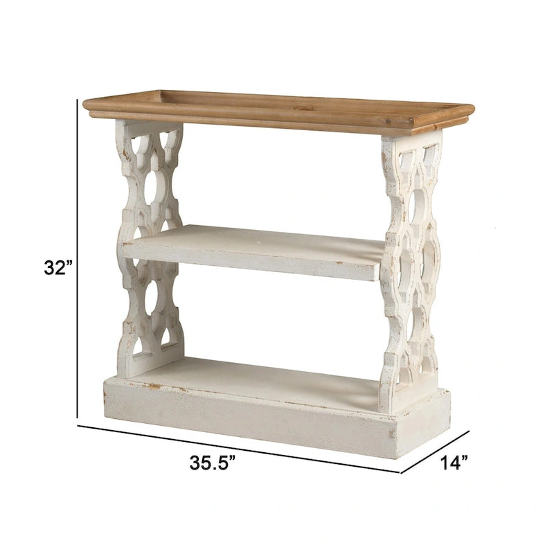 35 Inch 3 Tier Console Table, Fir Wood, Carved Panels, Brown and White