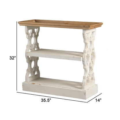 35 Inch 3 Tier Console Table, Fir Wood, Carved Panels, Brown and White