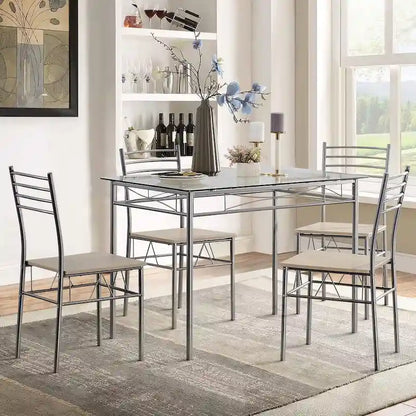 5-pieces Modern Dining Sets,Tempered Glass Table Top and 4 PU Chairs