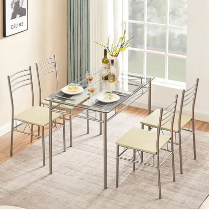 5-pieces Modern Dining Sets,Tempered Glass Table Top and 4 PU Chairs