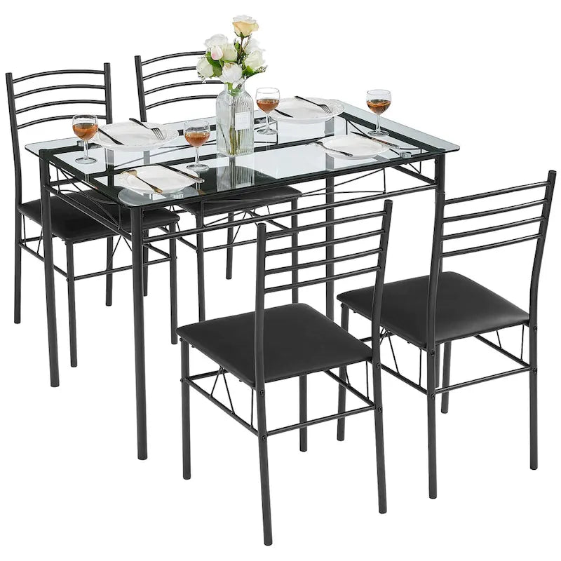 5-pieces Modern Dining Sets,Tempered Glass Table Top and 4 PU Chairs