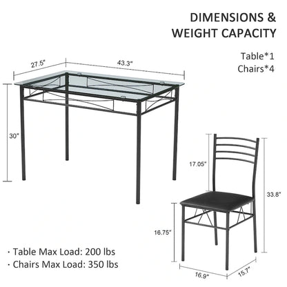 5-pieces Modern Dining Sets,Tempered Glass Table Top and 4 PU Chairs