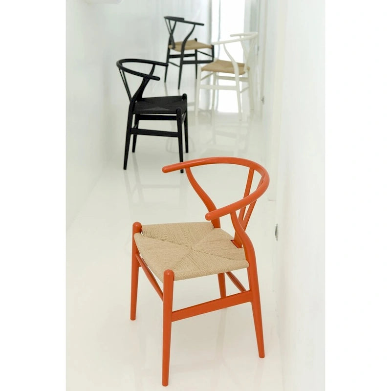 Red Modern Wood Elbow Chair Open Y Back Contemporary For Kitchen Dining Room With Woven Seat