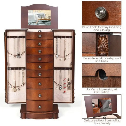 Large Wooden Jewelry Storage Box Organizer - 17 x 12 x 39.5 (L x W x H)