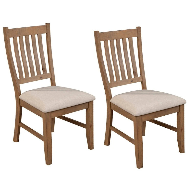 Set of 2 Dining Side Chair, Slatted Back, Beige Cushion, Brown - 20 L x 23.5 W x 39.5 H