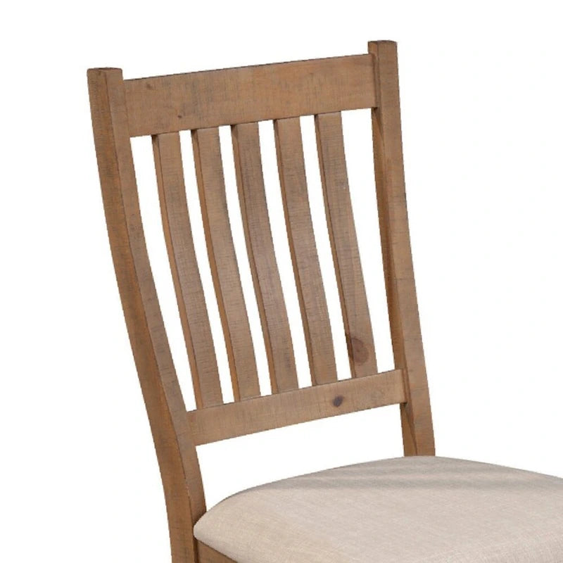 Set of 2 Dining Side Chair, Slatted Back, Beige Cushion, Brown - 20 L x 23.5 W x 39.5 H