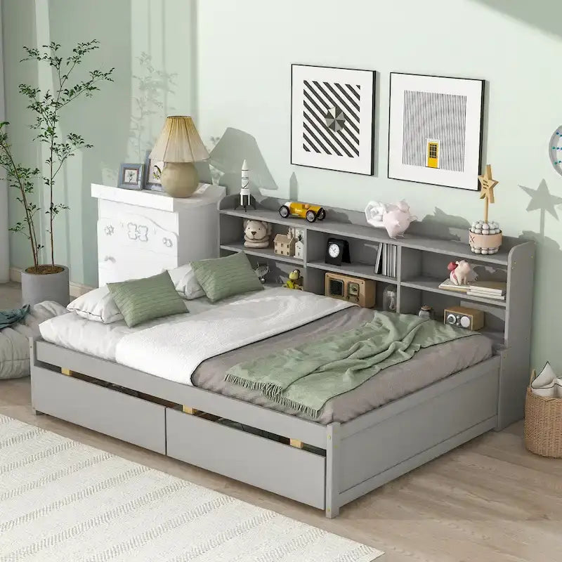 Full Bed with Side Bookcase Drawers