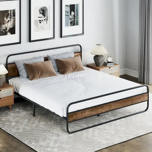 Moasis Metal Platform Bed Frame with Wooden Headboard