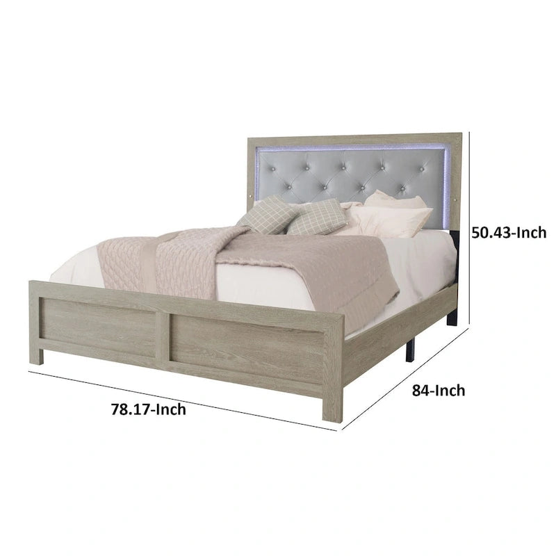 Ancy King Size Bed, Tufted and Upholstered Headboard, Light Gray Finish