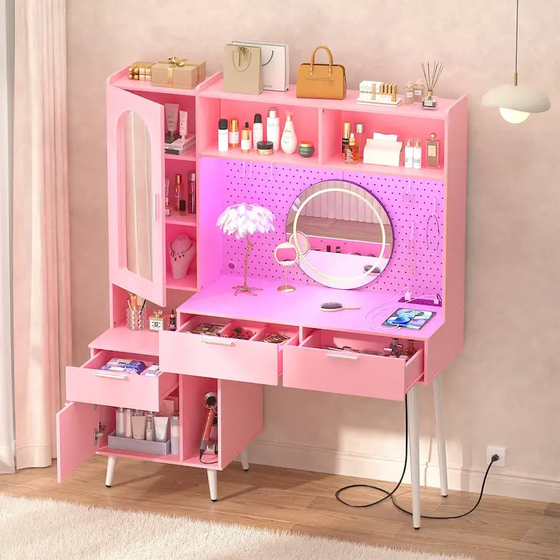 Makeup Vanity with Pegboard and Hutch, Bedroom Vanity Table with Charge Station and LED Light - N/A