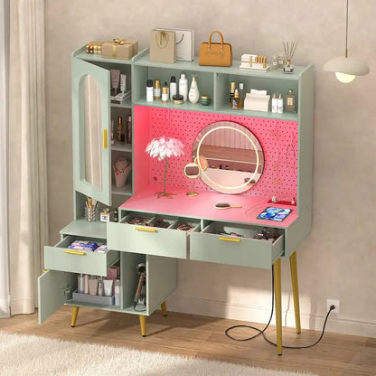 Makeup Vanity with Pegboard and Hutch, Bedroom Vanity Table with Charge Station and LED Light - N/A