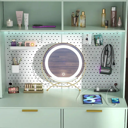 Makeup Vanity with Pegboard and Hutch, Bedroom Vanity Table with Charge Station and LED Light - N/A