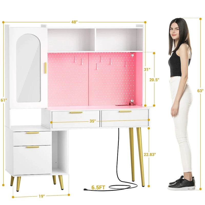 Makeup Vanity with Pegboard and Hutch, Bedroom Vanity Table with Charge Station and LED Light - N/A