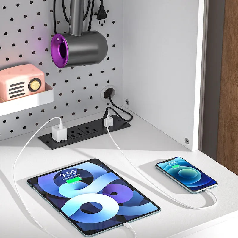 Makeup Vanity with Pegboard and Hutch, Bedroom Vanity Table with Charge Station and LED Light - N/A