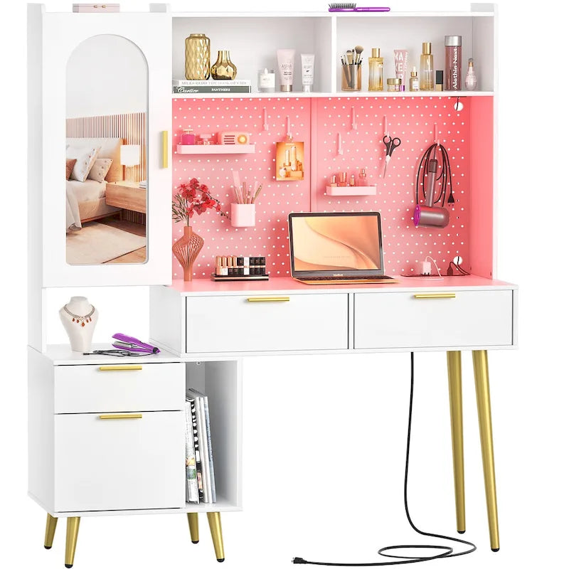 Makeup Vanity with Pegboard and Hutch, Bedroom Vanity Table with Charge Station and LED Light - N/A