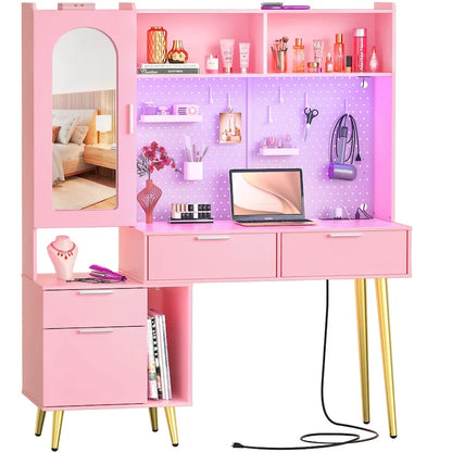 Makeup Vanity with Pegboard and Hutch, Bedroom Vanity Table with Charge Station and LED Light - N/A