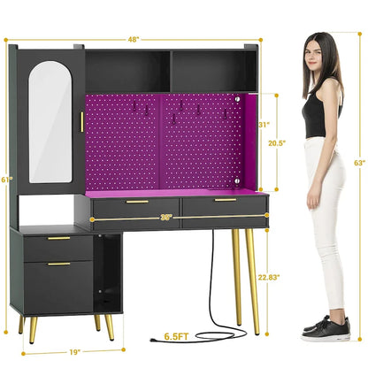 Makeup Vanity with Pegboard and Hutch, Bedroom Vanity Table with Charge Station and LED Light - N/A