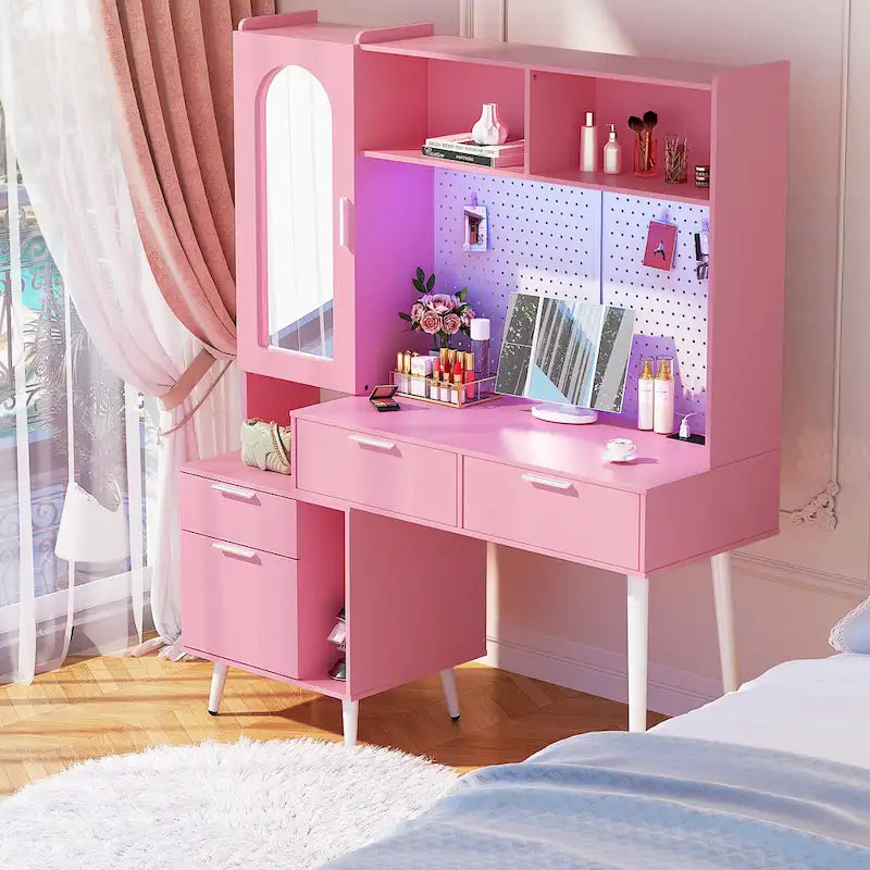Makeup Vanity with Pegboard and Hutch, Bedroom Vanity Table with Charge Station and LED Light - N/A