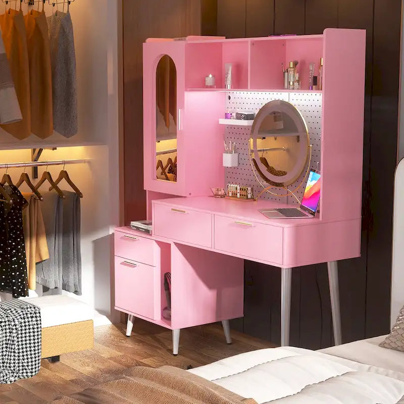 Makeup Vanity with Pegboard and Hutch, Bedroom Vanity Table with Charge Station and LED Light - N/A