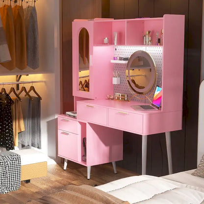 Makeup Vanity with Pegboard and Hutch, Bedroom Vanity Table with Charge Station and LED Light - N/A