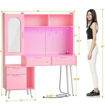 Makeup Vanity with Pegboard and Hutch, Bedroom Vanity Table with Charge Station and LED Light - N/A