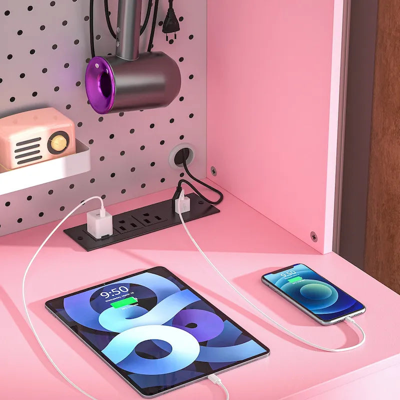 Makeup Vanity with Pegboard and Hutch, Bedroom Vanity Table with Charge Station and LED Light - N/A