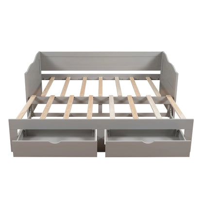 Wooden Extendable Sofa Bed, Daybed with Trundle and 2 Storage Drawers