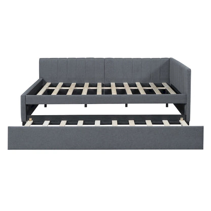 Full Size Upholstered Daybed with Trundle Sofa Bed Frame No Box Spring Needed, Linen Fabric