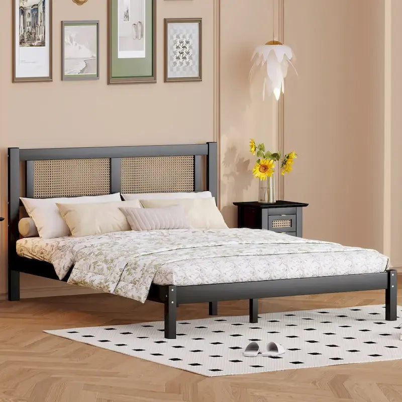 Wooden Platform Bed with Natural Rattan Headboard
