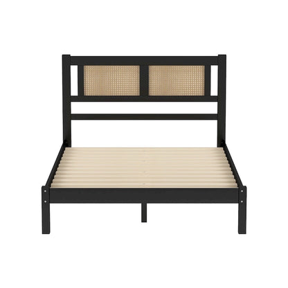 Wooden Platform Bed with Natural Rattan Headboard