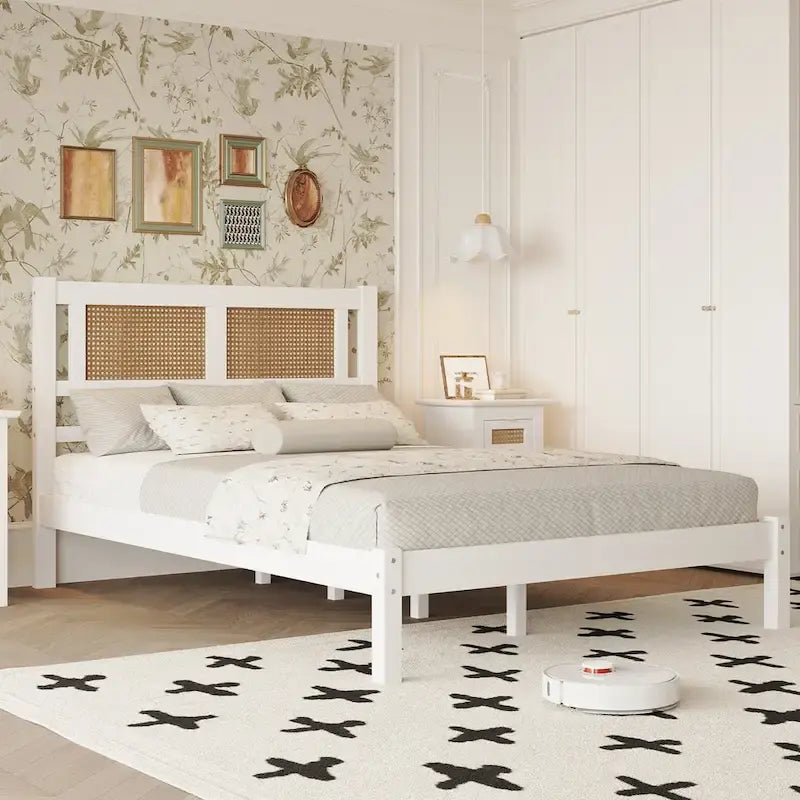 Wooden Platform Bed with Natural Rattan Headboard