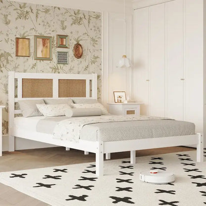 Wooden Platform Bed with Natural Rattan Headboard