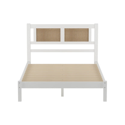 Wooden Platform Bed with Natural Rattan Headboard
