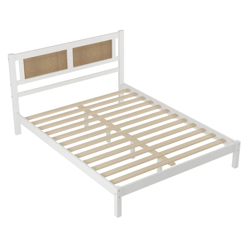 Wooden Platform Bed with Natural Rattan Headboard