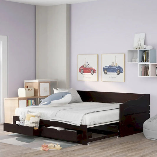 Wooden Daybed with Trundle Bed and Two Storage Drawers