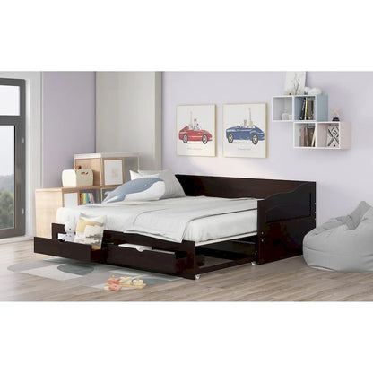 Wooden Daybed with Trundle Bed and Two Storage Drawers