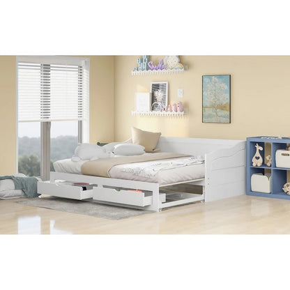 Wooden Daybed with Trundle Bed and Two Storage Drawers