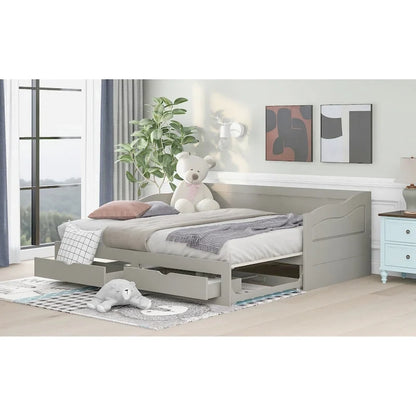 Wooden Daybed with Trundle Bed and Two Storage Drawers
