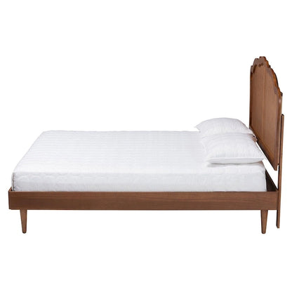 Camden Mid-Century Walnut Brown Wood and Rattan Platform Bed